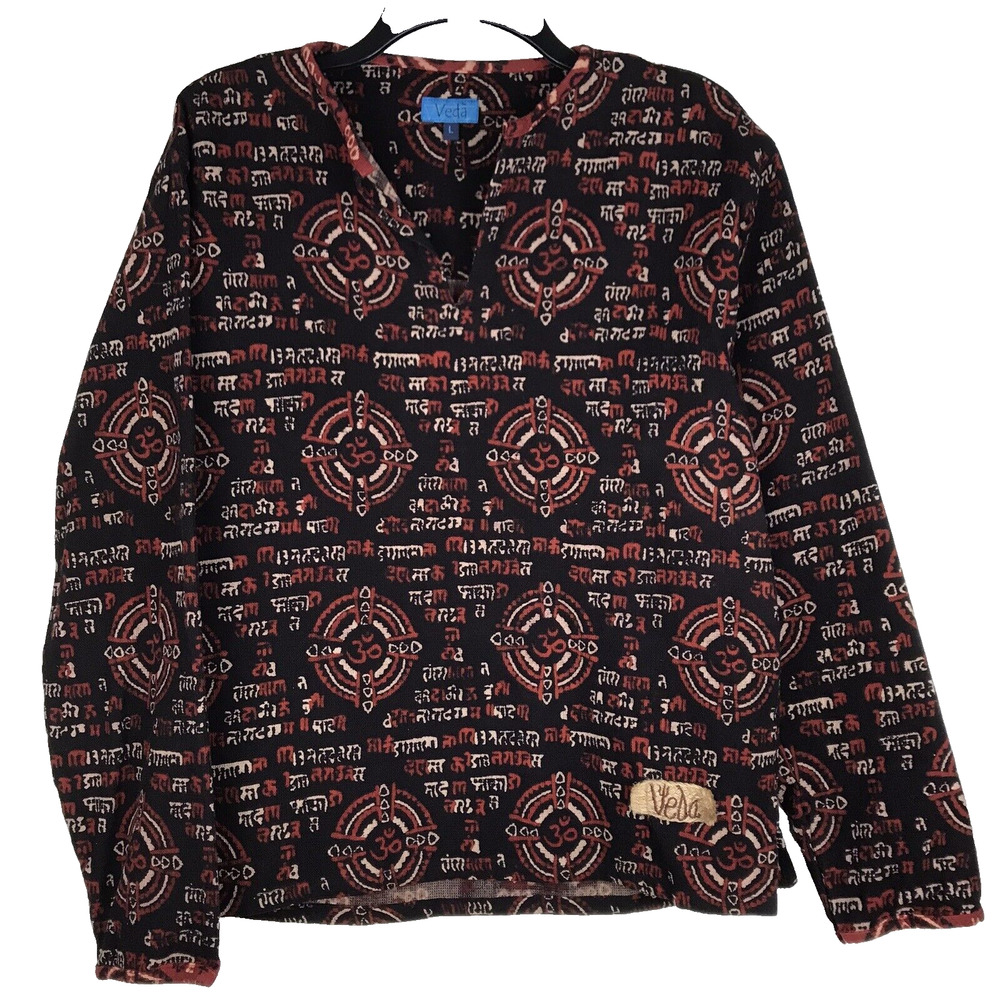 Veda Tunic Top Waffle Knit Long Sleeve Black Red Cream Graphic Print Size Large